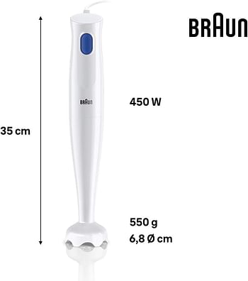 Braun MultiQuick 1 Hand Blender 450 Watts, 1 Speed, Light-Weight, BPA Free, Dishwasher Safe, Plastic - MQ 10.001P