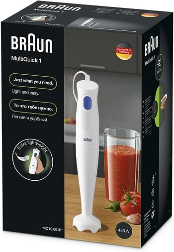 Braun MultiQuick 1 Hand Blender 450 Watts, 1 Speed, Light-Weight, BPA Free, Dishwasher Safe, Plastic - MQ 10.001P