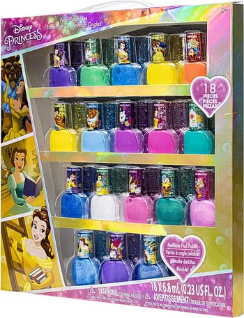 Townley Girl Princess Belle Washable Super Sparkly Peel-Off Nail Polish Deluxe Set for Girls, 18 Colors