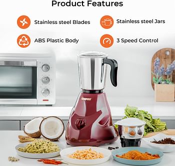 Geepas 2-IN-1 Mixer Grinder- GSB44091 550W Powerful Motor Stainless Steel Jars and Blade Ergonomic Grip and Equipped with Overload Protector Perfect for making Smoothies Milkshakes