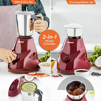 Geepas 2-IN-1 Mixer Grinder- GSB44091 550W Powerful Motor Stainless Steel Jars and Blade Ergonomic Grip and Equipped with Overload Protector Perfect for making Smoothies Milkshakes