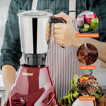 Geepas 2-IN-1 Mixer Grinder- GSB44091 550W Powerful Motor Stainless Steel Jars and Blade Ergonomic Grip and Equipped with Overload Protector Perfect for making Smoothies Milkshakes