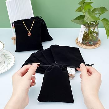 PandaHall Elite 50 pcs Velvet Drawstring Bags, Black Jewelry Pouches 12x10cm Wedding Favor Bags Small Gift Bags Party Treat Advent Calendar Bags for Christmas Jewelry Bracelets Watches Storage