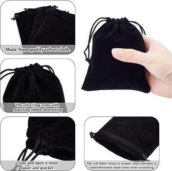 PandaHall Elite 50 pcs Velvet Drawstring Bags, Black Jewelry Pouches 12x10cm Wedding Favor Bags Small Gift Bags Party Treat Advent Calendar Bags for Christmas Jewelry Bracelets Watches Storage