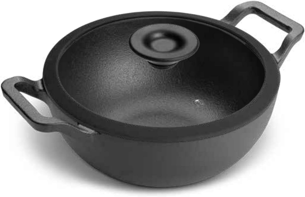 Prestige Cast Iron Kadai 24 CM | Iron Kadhai with Glass Lid for Cooking and Deep Frying | Pre Seasoned Induction Cookware Black - PR48895