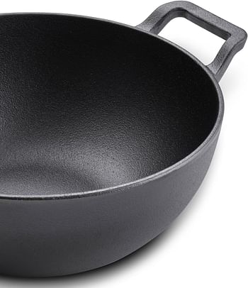 Prestige Cast Iron Kadai 24 CM | Iron Kadhai with Glass Lid for Cooking and Deep Frying | Pre Seasoned Induction Cookware Black - PR48895