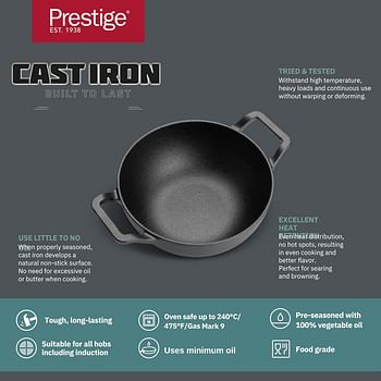 Prestige Cast Iron Kadai 24 CM | Iron Kadhai with Glass Lid for Cooking and Deep Frying | Pre Seasoned Induction Cookware Black - PR48895