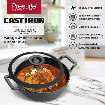 Prestige Cast Iron Kadai 24 CM | Iron Kadhai with Glass Lid for Cooking and Deep Frying | Pre Seasoned Induction Cookware Black - PR48895