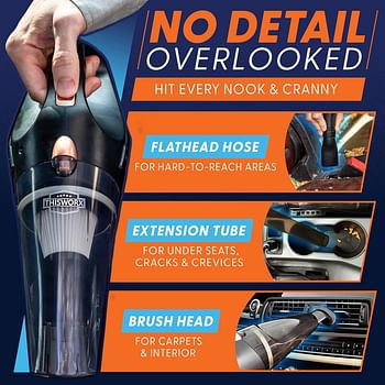 ThisWorx Cordless Car Vacuum Portable Mini Handheld Vacuum w/Rechargeable Battery and 3 Attachments High-Powered Vacuum Cleaner w/ 60w Motor