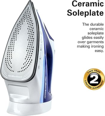 Hamilton Beach Steam Iron 2500W - Ceramic soleplate - Auto-Shut Off - Vertical steam - 35g/min steam, steam shot, with 3 settings, 300ml, Anti-drip, Anti-calc, Self clean ST3797-ME- Blue