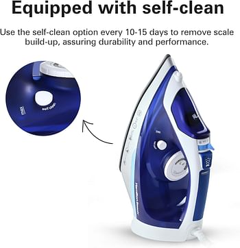 Hamilton Beach Steam Iron 2500W - Ceramic soleplate - Auto-Shut Off - Vertical steam - 35g/min steam, steam shot, with 3 settings, 300ml, Anti-drip, Anti-calc, Self clean ST3797-ME- Blue