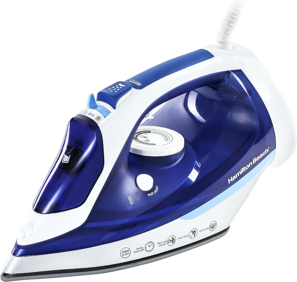 Hamilton Beach Steam Iron 2500W - Ceramic soleplate - Auto-Shut Off - Vertical steam - 35g/min steam, steam shot, with 3 settings, 300ml, Anti-drip, Anti-calc, Self clean ST3797-ME- Blue