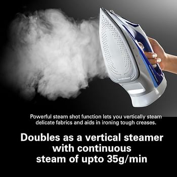 Hamilton Beach Steam Iron 2500W - Ceramic soleplate - Auto-Shut Off - Vertical steam - 35g/min steam, steam shot, with 3 settings, 300ml, Anti-drip, Anti-calc, Self clean ST3797-ME- Blue