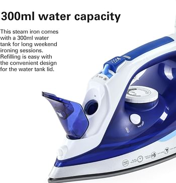 Hamilton Beach Steam Iron 2500W - Ceramic soleplate - Auto-Shut Off - Vertical steam - 35g/min steam, steam shot, with 3 settings, 300ml, Anti-drip, Anti-calc, Self clean ST3797-ME- Blue