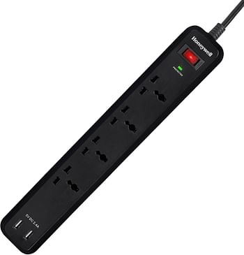 Honeywell Surge Protector, 4 Universal Sockets, 2USB Ports, 2Meter, 15000Amp, Auto Overload Protection, Spike Guard/Extension Board, Master Switch -Black