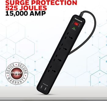 Honeywell Surge Protector, 4 Universal Sockets, 2USB Ports, 2Meter, 15000Amp, Auto Overload Protection, Spike Guard/Extension Board, Master Switch -Black