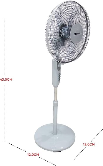 Nobel 16 Inch, 90 Degree Oscillation Stand Fan with 3 Speed 5 Blades and Timer, Multi Speed Function & Dual Frequency, 5 Highlight Efficient Blade with Air Vortex Technology NF145 - Grey