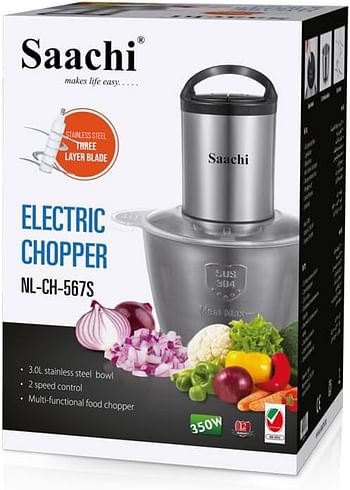 Saachi Electric Chopper 3.0L stainless steel bowl  2 speed control, 3D 6 pcs blades - NL-CH-567S