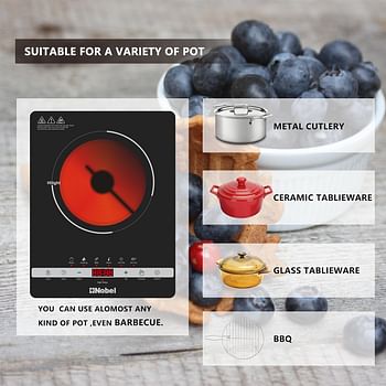 Nobel Infrared Cooker Black Single 2000W Multi Function Touch Control, LED Digital Red Display Multi-function: Stir-fry, Hot Pot, Warm, BBQ, Heating, Steam NIC10