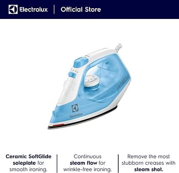 ELECTROLUX Steam Iron 2300W Non-Stick Ceramic Plate Mechanical Knob 2m Cord Length 1 Axis Rotation Card Water Tank Steam Technology Steam Shot 100 gm Pilot Lamp Cerulean EDB1730