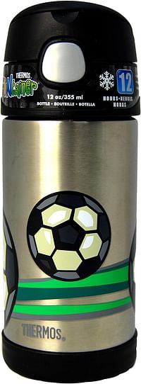 THERMOS Funtainer Stainless Steel hydration/Straw Water bottle for Kids Foot Ball  Push button lid with drinking spout  Sweat-proof for dry, happy hands 4 Years+ 355 ML