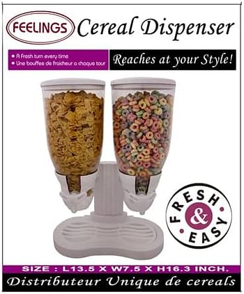 Feelings Cereal Dispenser Double Compartment 3 Litre + 3 Litre | Dry Food Dispenser | Double Control | Candy Dispenser | Cereal Dispenser Countertop | Cereal Organizer size: 31.5x16.5x38 cm(White)