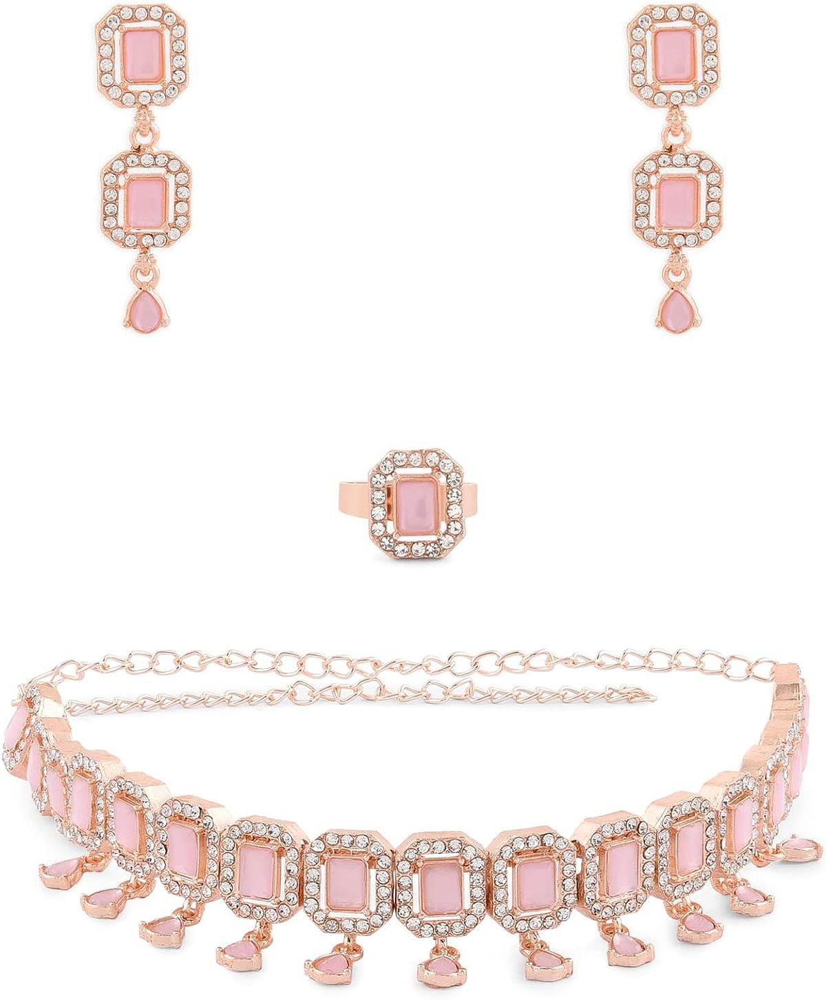 ZAVERI PEARLS Pink Dazzling Stones Sleek Choker Necklace Earring & Ring Set For Women-ZPFK15144