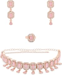ZAVERI PEARLS Pink Dazzling Stones Sleek Choker Necklace Earring & Ring Set For Women-ZPFK15144
