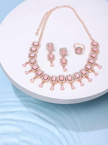 ZAVERI PEARLS Pink Dazzling Stones Sleek Choker Necklace Earring & Ring Set For Women-ZPFK15144