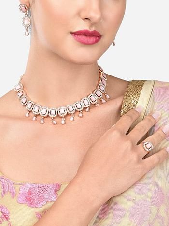 ZAVERI PEARLS Pink Dazzling Stones Sleek Choker Necklace Earring & Ring Set For Women-ZPFK15144