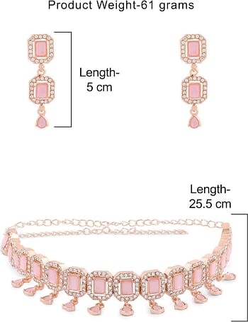 ZAVERI PEARLS Pink Dazzling Stones Sleek Choker Necklace Earring & Ring Set For Women-ZPFK15144