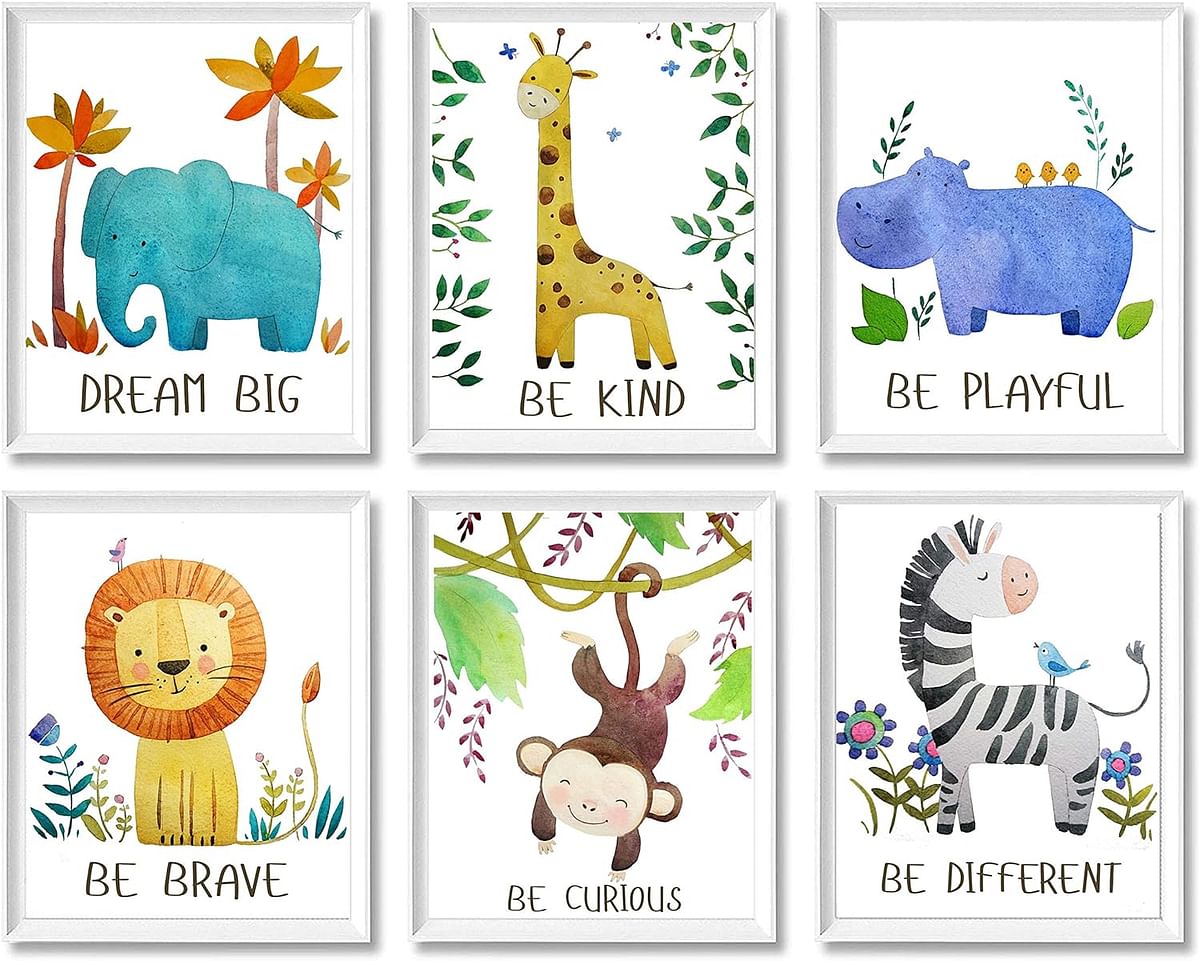 Baby Nursery Decor - Jungle Safari Animal Unframed Wall Art -Set of 6 Posters 8x10 - Lion, Giraffe, Elephant, Monkey, Zebra, Hippo with Inspirational Quotes for Boy Girl Kids