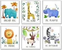Baby Nursery Decor - Jungle Safari Animal Unframed Wall Art -Set of 6 Posters 8x10 - Lion, Giraffe, Elephant, Monkey, Zebra, Hippo with Inspirational Quotes for Boy Girl Kids