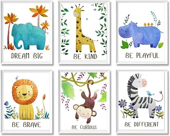 Baby Nursery Decor - Jungle Safari Animal Unframed Wall Art -Set of 6 Posters 8x10 - Lion, Giraffe, Elephant, Monkey, Zebra, Hippo with Inspirational Quotes for Boy Girl Kids