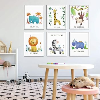 Baby Nursery Decor - Jungle Safari Animal Unframed Wall Art -Set of 6 Posters 8x10 - Lion, Giraffe, Elephant, Monkey, Zebra, Hippo with Inspirational Quotes for Boy Girl Kids