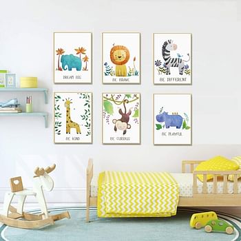 Baby Nursery Decor - Jungle Safari Animal Unframed Wall Art -Set of 6 Posters 8x10 - Lion, Giraffe, Elephant, Monkey, Zebra, Hippo with Inspirational Quotes for Boy Girl Kids