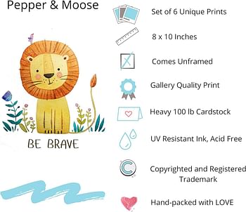 Baby Nursery Decor - Jungle Safari Animal Unframed Wall Art -Set of 6 Posters 8x10 - Lion, Giraffe, Elephant, Monkey, Zebra, Hippo with Inspirational Quotes for Boy Girl Kids