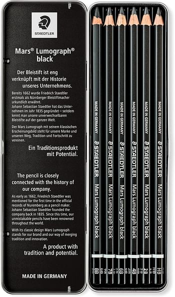 Staedtler Mars Lumograph Black, Carbon Blend Provides Jet Black Lines, Professional Art Pencils, Tin Of 8 Assorted Sketch 100B G6