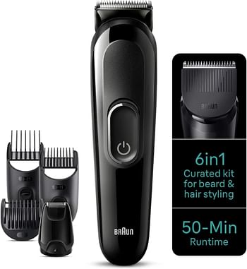 Braun MGK 3410 6 in 1 Style Kit 3 Beard, Hair Grooming. With 50min runtime, With 5 extra Curated Tools for Beard Clipping, Precision Shaving, and Hair clipping