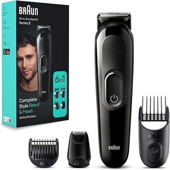 Braun MGK 3410 6 in 1 Style Kit 3 Beard, Hair Grooming. With 50min runtime, With 5 extra Curated Tools for Beard Clipping, Precision Shaving, and Hair clipping