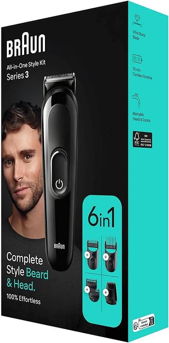 Braun MGK 3410 6 in 1 Style Kit 3 Beard, Hair Grooming. With 50min runtime, With 5 extra Curated Tools for Beard Clipping, Precision Shaving, and Hair clipping