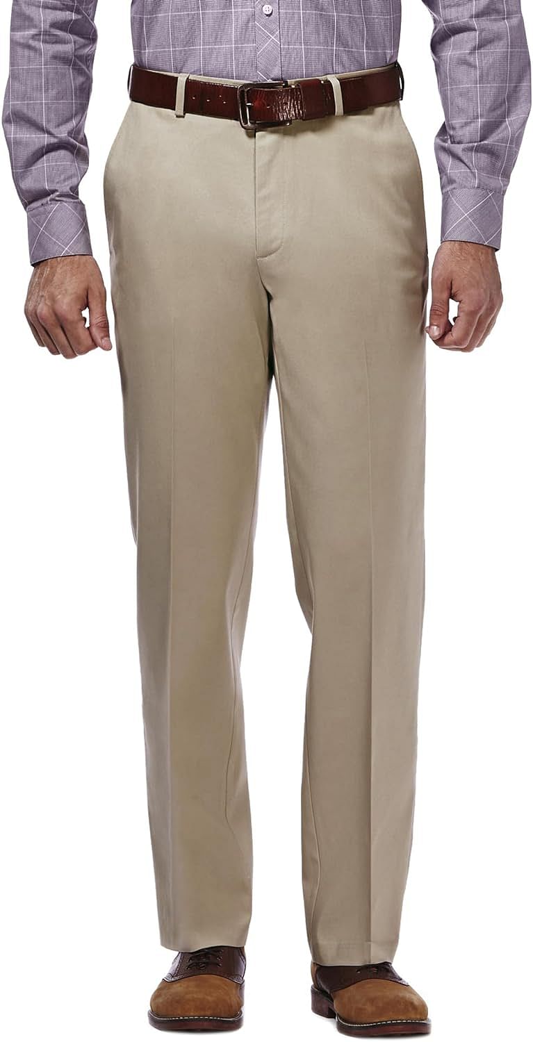 Haggar Men's Premium No Iron Khaki Classic Fit Expandable Waist Flat Front Pant Reg. and Big & Tall Sizes - 38W 34L - Khaki