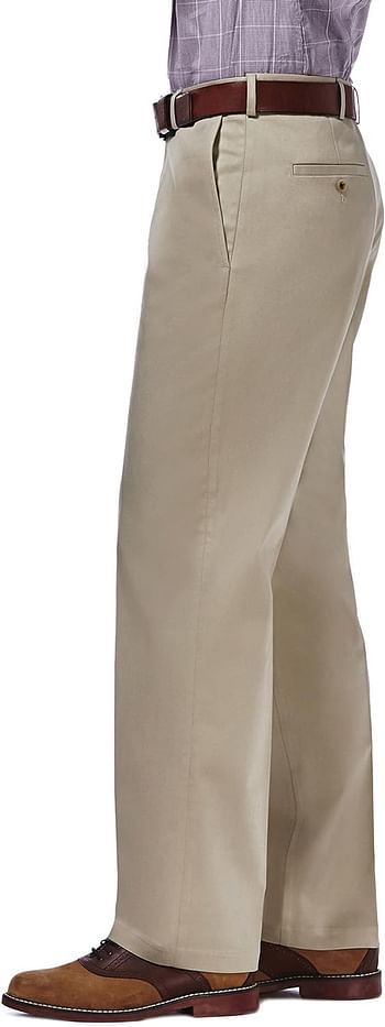 Haggar Men's Premium No Iron Khaki Classic Fit Expandable Waist Flat Front Pant Reg. and Big & Tall Sizes - 38W 34L - Khaki