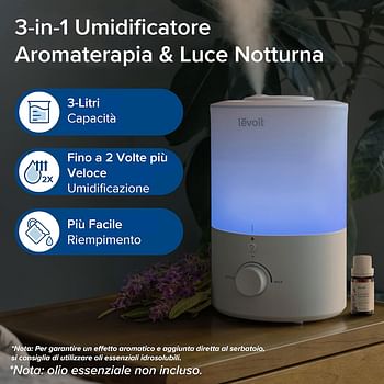 LEVOIT 3L Humidifiers for Bedroom Baby Room with Night Light, Cool Mist Humidifier for Home, Office & Plant, Auto-Off, Up to 25H for 27 ㎡, Quiet Operation with 360° Rotation Nozzle- 2 Filter Sponge