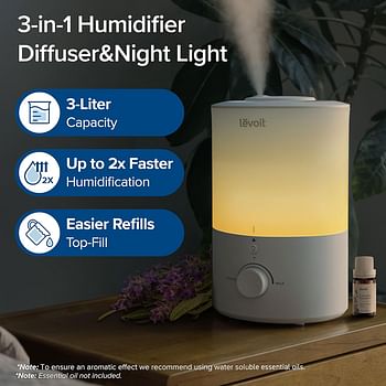 LEVOIT 3L Humidifiers for Bedroom Baby Room with Night Light, Cool Mist Humidifier for Home, Office & Plant, Auto-Off, Up to 25H for 27 ㎡, Quiet Operation with 360° Rotation Nozzle- 2 Filter Sponge