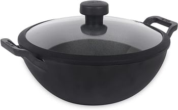 Meyer Pre Seasoned Cast Iron Kadai|Iron Kadhai with Lid for Cooking and Deep Frying Heavy Base Iron Kadai Small Size Gas Stove and Induction Friendly 20cm 2 Liters - Black