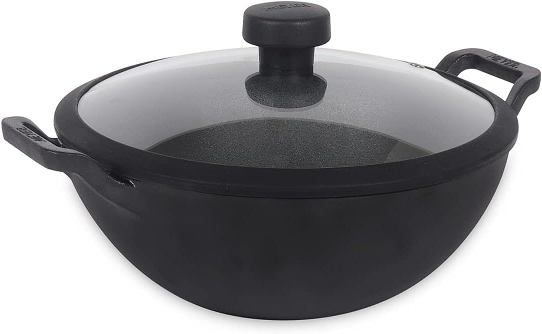 Meyer Pre Seasoned Cast Iron Kadai|Iron Kadhai with Lid for Cooking and Deep Frying Heavy Base Iron Kadai Small Size Gas Stove and Induction Friendly 20cm 2 Liters - Black