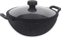 Meyer Pre Seasoned Cast Iron Kadai|Iron Kadhai with Lid for Cooking and Deep Frying Heavy Base Iron Kadai Small Size Gas Stove and Induction Friendly 20cm 2 Liters - Black