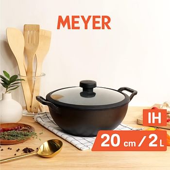 Meyer Pre Seasoned Cast Iron Kadai|Iron Kadhai with Lid for Cooking and Deep Frying Heavy Base Iron Kadai Small Size Gas Stove and Induction Friendly 20cm 2 Liters - Black