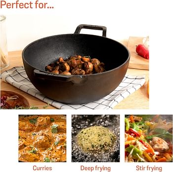 Meyer Pre Seasoned Cast Iron Kadai|Iron Kadhai with Lid for Cooking and Deep Frying Heavy Base Iron Kadai Small Size Gas Stove and Induction Friendly 20cm 2 Liters - Black